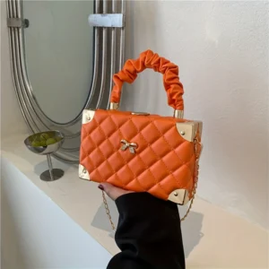 Chic Mini Crossbody Box Bag With Quilted Design And Ruched Handle, Solid Color, PU Leather, Versatile Daily Style