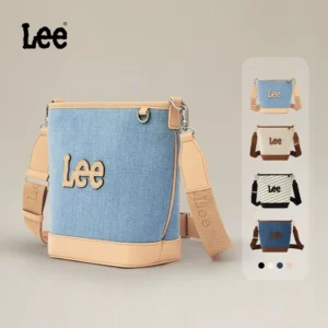 LEE Women Original Striped Denim Leather Bucket Bag Lady Fashion Design Stripe Daily Jeans Blue Best Crossbody Shoulder Bag