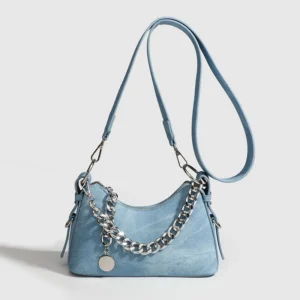Niche chain denim armpit bag women's 2024 new French crescent handbag versatile shoulder messenger bag tide