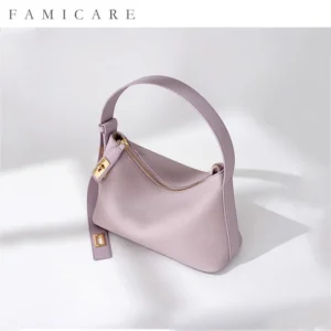 Women's Plain Color Genuine Leather Handbag Fashionable All-match Casual Versatile Trendy Single Shoulder Bag with Lock Design