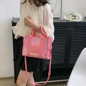 Women Shoulder Bag PU Leather Sequins Top-Handle Bags Casual Fashion Shiny Portable Adjustable Straps Shopper Tote