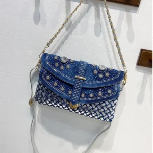 Brand Women Bag 2025 new women's braided diamond-studded denim bag shoulder messenger chain bag