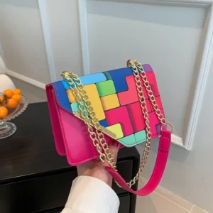 Colorblock Mini Crossbody Bag, Trendy Chain Strap Shoulder Bag, Ladies' Stylish New Square Small Purse