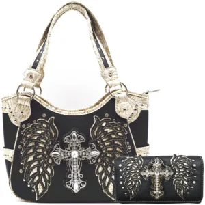 Western Style Rhinestone Cross Studded Laser Cut Wings Tooled Leather Purse Women Handbags Country Shoulder Bag Wallet Set