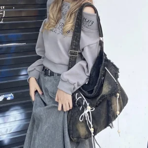 Korean Harajuku Gothic Hobo Denim Bag Aesthetic Vintage Purses WomenHandbag Crossbody Messenger Tote Peddler Shoulder Bags