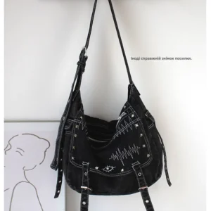 Y2K Waed Denim Large Capaci Single oulder Crossbody Tote Bag ex Casual Faion Brand Soft Handle Rivet Detail